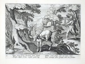 Como un ciervo se rasca las astas con su pie, un cazador, con ambos pies hacia adelante, dispara una flecha por el aire, ilustración de 